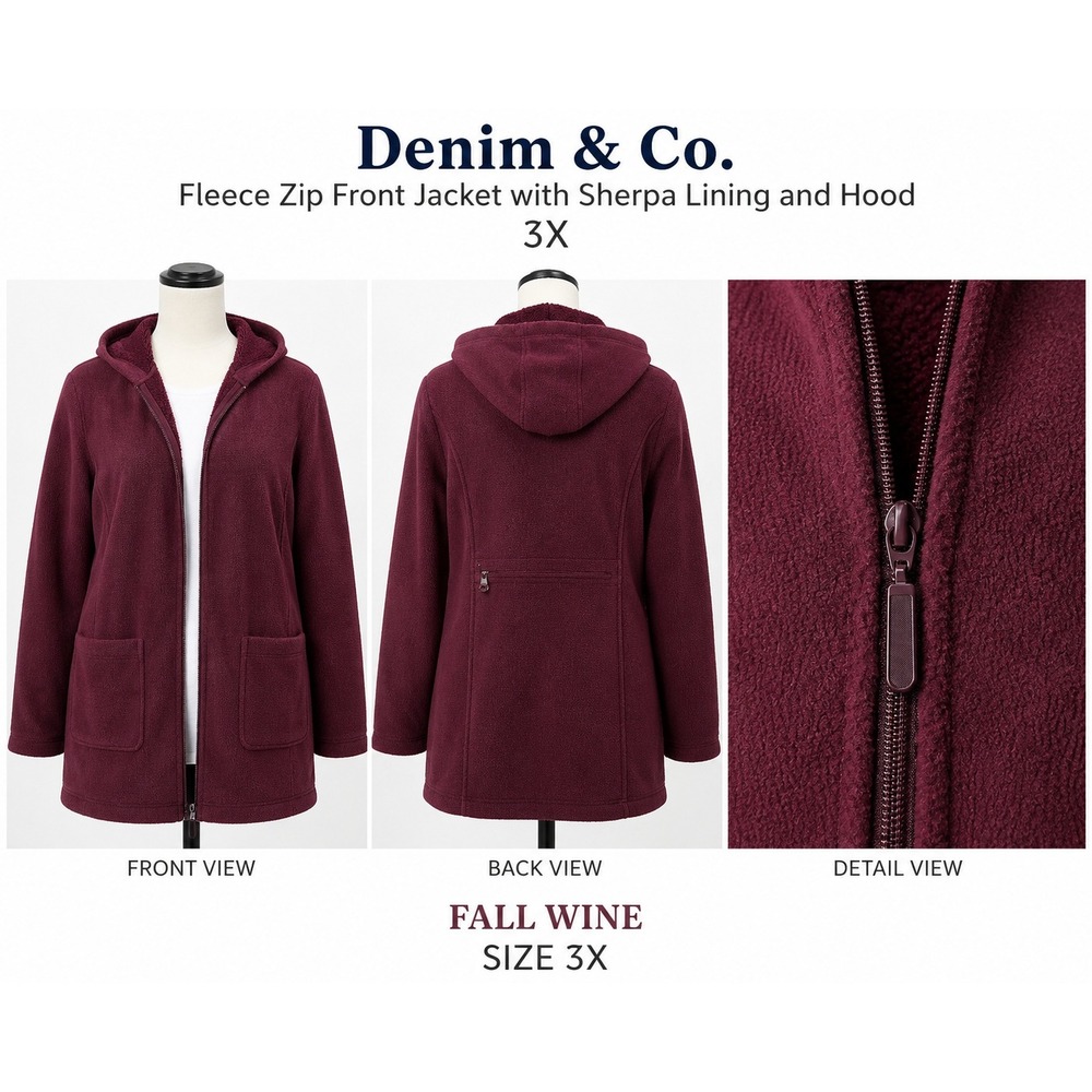 Denim & Co Womens 3X Fall Wine Fleece Zip Front Jacket‎ Sherpa Lined Hooded Coat